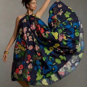 Anthropologie WHIT TWO Floral Halter Midi Dress In Blue, Lg.
